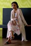 Shop_Deep Thee_Ivory Chanderi, Crepe Cut Work Round Neck Floral Printed Jacket Set _at_Aza_Fashions