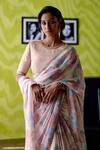 Shop_Deep Thee_Ivory Crepe, Silk Embroidery, Cut Work Round Neck Floral Print Saree With Blouse _Online_at_Aza_Fashions