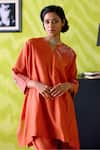 Buy_Deep Thee_Rust Chanderi Embroidery Split V-neck Panelled Short Kaftan Set _Online_at_Aza_Fashions