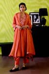 Buy_Deep Thee_Rust Chanderi, Organza Applique, Sequins V-neck Orange A-line Kurta Set _at_Aza_Fashions