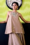 Buy_Deep Thee_Beige Chanderi Cut Work, Embroidery Halter Neck Mocha Top With Sharara _Online_at_Aza_Fashions