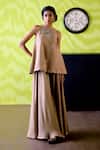 Shop_Deep Thee_Beige Chanderi Cut Work, Embroidery Halter Neck Mocha Top With Sharara _at_Aza_Fashions