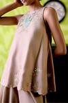 Deep Thee_Beige Chanderi Cut Work, Embroidery Halter Neck Mocha Top With Sharara _at_Aza_Fashions