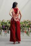 Shop_Pocket Stories_Blush Microfiber, Crepe Embroidery Asymmetric Crimson Pulse Print Set _at_Aza_Fashions