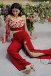 Pocket Stories_Blush Microfiber, Crepe Embroidery Asymmetric Crimson Pulse Print Set _at_Aza_Fashions