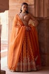 Buy_Kritika Dawar_Orange Tissue, Silk Organza Embroidery, Sequins V-neck Rust Lehenga Set 