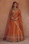 Buy_Kritika Dawar_Orange Tissue, Silk Organza Embroidery, Sequins V-neck Rust Lehenga Set _at_Aza_Fashions