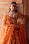 Shop_Kritika Dawar_Rust Tissue, Silk Organza Sequins, Embroidery V-neck Orange Designer Lehenga Set _Online_at_Aza_Fashions