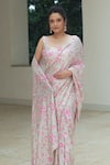 Shop_Pooja Bagaria_Pink Sequins V-neck Flower Dream Pre-draped Saree Set _Online_at_Aza_Fashions