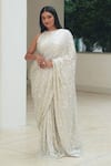 Buy_Pooja Bagaria_Silver Sequins Round Neck Flower Dream Pre-draped Saree Set _at_Aza_Fashions
