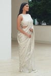 Shop_Pooja Bagaria_Silver Sequins Round Neck Flower Dream Pre-draped Saree Set _Online_at_Aza_Fashions