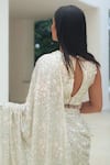 Shop_Pooja Bagaria_Silver Sequins Round Neck Flower Dream Pre-draped Saree Set _at_Aza_Fashions