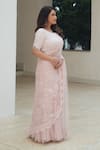 Buy_Pooja Bagaria_Pink Net Sequins Round Neck Pastel Chantilly Lehenga Saree _Online_at_Aza_Fashions