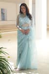 Pooja Bagaria_Blue Net Sequins, Lace, Embroidery Round Neck Powder Chantilly Lehenga Saree _Online_at_Aza_Fashions