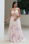 Buy_Pooja Bagaria_Pink Organza Lace, Embroidery Sweetheart Neck Pastel Corset Fusion Set _at_Aza_Fashions