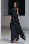 Shop_Pooja Bagaria_Black Sequins Square Neck Matt Fringe Draped Saree _at_Aza_Fashions