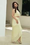 Buy_Pooja Bagaria_Yellow Organza, Satin Fringe, Embroidery Pastel Monotone Draped Skirt Set _Online_at_Aza_Fashions