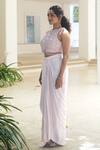 Pooja Bagaria_Pink Satin Embroidery Round , Keyhole Pastel Monotone Draped Skirt Set _Online_at_Aza_Fashions