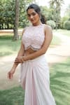 Pooja Bagaria_Pink Satin Embroidery Round , Keyhole Pastel Monotone Draped Skirt Set _at_Aza_Fashions