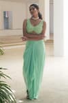 Pooja Bagaria_Mint Satin Sequins, Beads V-neck Green Monotone Draped Skirt Set _Online_at_Aza_Fashions