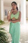 Buy_Pooja Bagaria_Mint Satin Sequins, Beads V-neck Green Monotone Draped Skirt Set _Online_at_Aza_Fashions