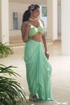 Shop_Pooja Bagaria_Mint Satin Sequins, Beads V-neck Green Monotone Draped Skirt Set _at_Aza_Fashions