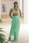 Buy_Pooja Bagaria_Mint Satin Sequins, Beads V-neck Green Monotone Draped Skirt Set _at_Aza_Fashions