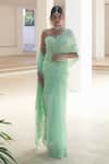 Pooja Bagaria_Green Organza Embroidery Sweetheart Neck Pastel Chantilly Saree Set _Online_at_Aza_Fashions
