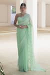 Shop_Pooja Bagaria_Green Organza Embroidery Sweetheart Neck Pastel Chantilly Saree Set _Online_at_Aza_Fashions