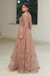 Shop_Pooja Bagaria_Beige Lace Sequins Open Neck Chantilly Lapel Cocktail Gown _at_Aza_Fashions