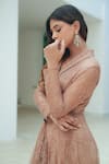 Buy_Pooja Bagaria_Beige Lace Sequins Open Neck Chantilly Lapel Cocktail Gown _Online_at_Aza_Fashions