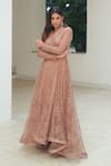 Shop_Pooja Bagaria_Beige Lace Sequins Open Neck Chantilly Lapel Cocktail Gown _Online_at_Aza_Fashions