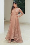 Buy_Pooja Bagaria_Beige Lace Sequins Open Neck Chantilly Lapel Cocktail Gown _at_Aza_Fashions