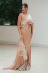 Buy_Pooja Bagaria_Beige Satin Beads, Embroidery Round Neck Beaded Border Split Saree _Online_at_Aza_Fashions