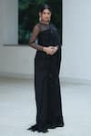 Pooja Bagaria_Black Satin Beads Round Neck Border Split Saree _Online_at_Aza_Fashions