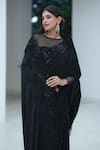 Buy_Pooja Bagaria_Black Satin Beads Round Neck Border Split Saree _Online_at_Aza_Fashions