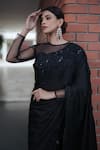 Pooja Bagaria_Black Satin Beads Round Neck Border Split Saree _at_Aza_Fashions