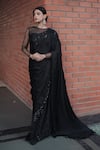 Buy_Pooja Bagaria_Black Satin Beads Round Neck Border Split Saree 