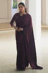 Buy_Pooja Bagaria_Burgundy Satin Embroidery Round Neck Chantilly Saree _at_Aza_Fashions