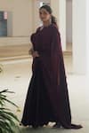Pooja Bagaria_Burgundy Satin Embroidery Round Neck Chantilly Saree _Online_at_Aza_Fashions