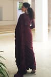 Shop_Pooja Bagaria_Burgundy Satin Embroidery Round Neck Chantilly Saree _at_Aza_Fashions