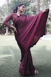 Buy_Pooja Bagaria_Burgundy Satin Embroidery Round Neck Chantilly Saree 