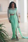 Pooja Bagaria_Mint Satin Sequins Round Neck Green Draped Saree Set _Online_at_Aza_Fashions