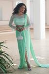 Buy_Pooja Bagaria_Mint Satin Sequins Round Neck Green Draped Saree Set _Online_at_Aza_Fashions