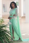 Shop_Pooja Bagaria_Mint Satin Sequins Round Neck Green Draped Saree Set _Online_at_Aza_Fashions
