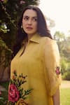Shop_Nika 1.0_Yellow Silk Organza Embroidery Collared Mustard Cross Stitch Dress _at_Aza_Fashions