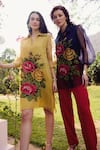 Nika 1.0_Yellow Silk Organza Embroidery Collared Mustard Cross Stitch Dress _Online_at_Aza_Fashions
