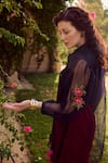 Shop_Nika 1.0_Blue Silk Organza Embroidery Collared Navy Cross Stitch Top _Online_at_Aza_Fashions