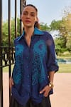Shop_Nika 1.0_Blue Cotton Embroidery Collared Turq Shirt _Online_at_Aza_Fashions