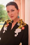 Shop_Nika 1.0_Black Embroidery, Fabric Flowers V-neck Multi Patchwork Coord Set _at_Aza_Fashions